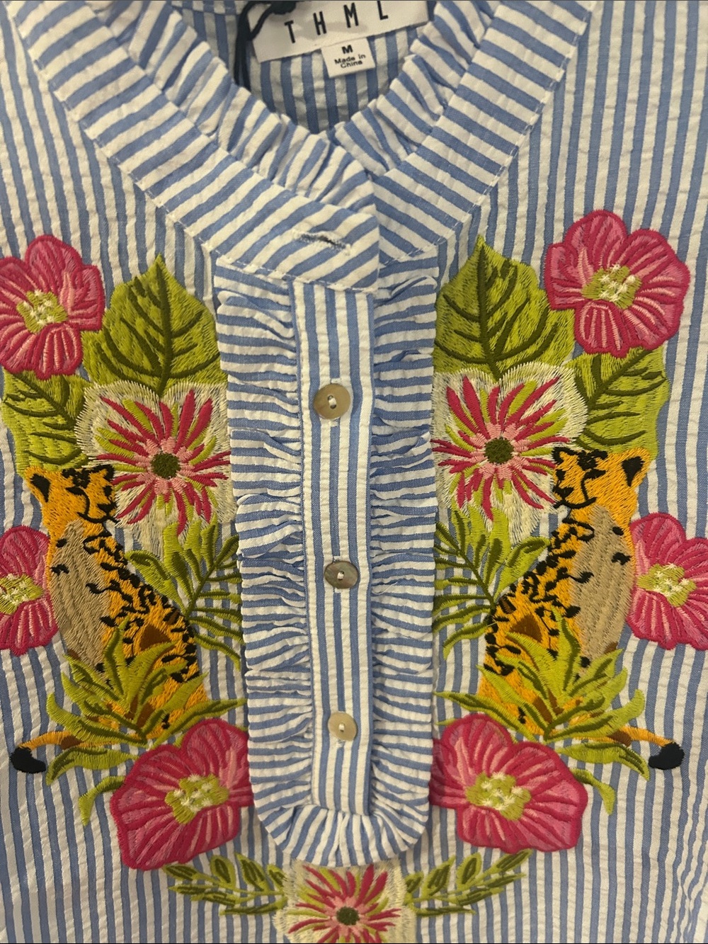 THML Blue & White Striped Embroidered Floral Top - Picture 2 of 5